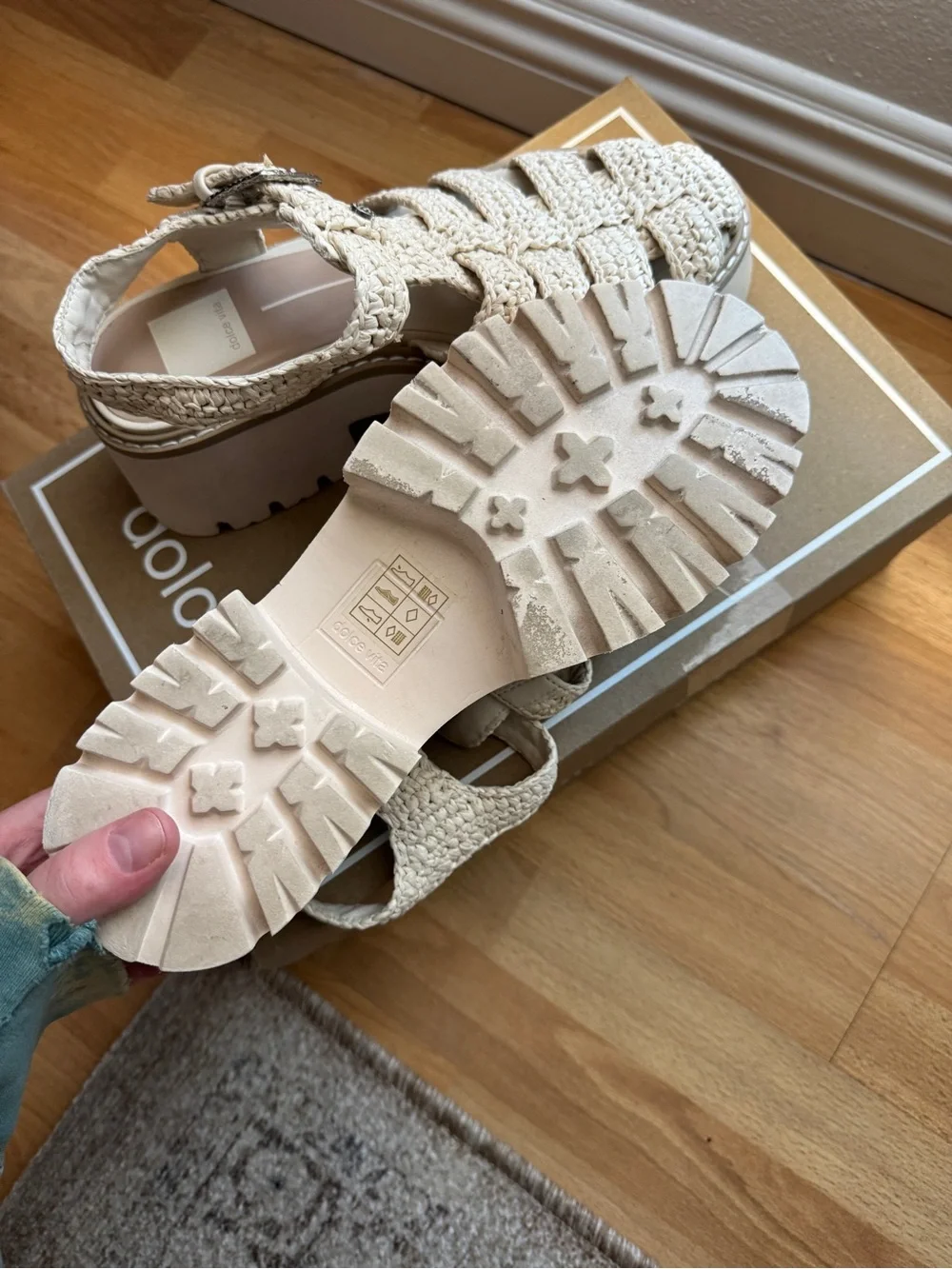 Dolce Vita Lasley raffia lattice Platform Sandals in the bone color